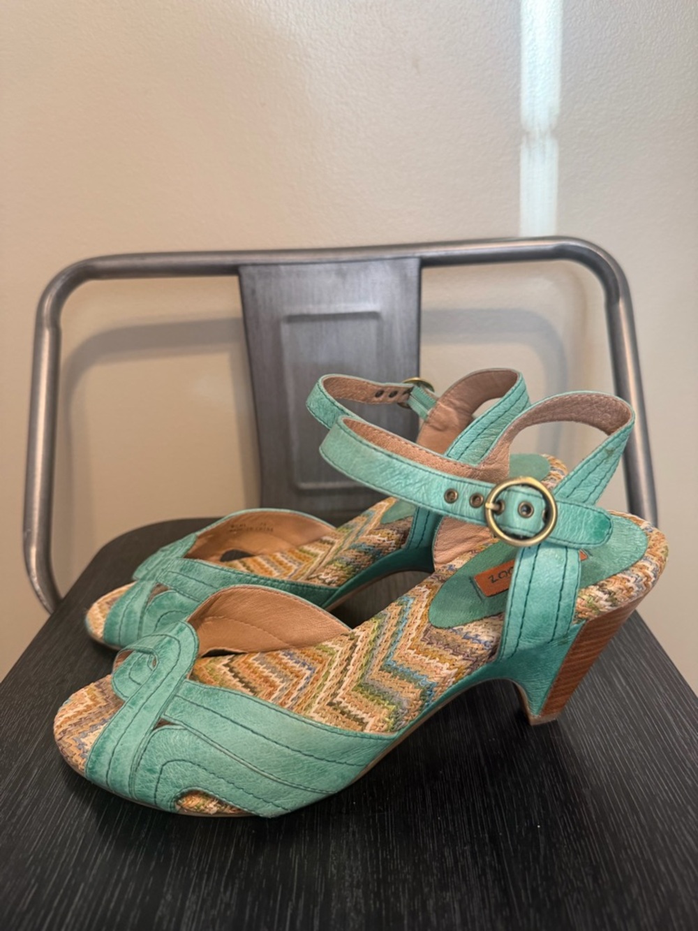 Miz Mooz Mint Green Leather Boho Heels 7.5 Woven Footbed Sandals - Picture 7 of 13
